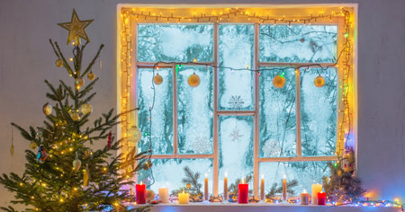 Christmas decorations on old wooden windowの写真素材