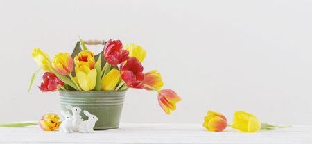 red and yellow tulips in bucket and ceramic rabbit on white background