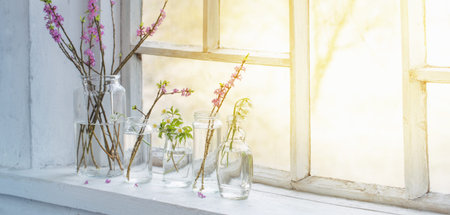 spring flowers in jars on old white windowsill