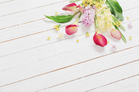 beautiful flowers on white wooden backgroundの写真素材