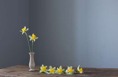 yellow narcissus in vase on wooden table on dark backgroundの写真素材