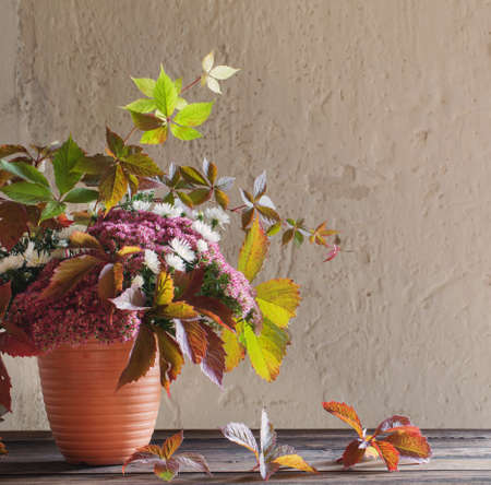 beautiful autumnal composition on wooden table on background white wallの写真素材