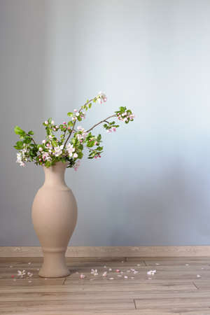 branches of apple tree with flowers in floor vase against gray wallの写真素材