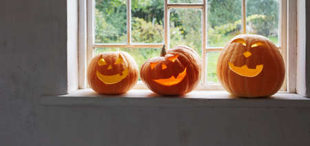 Halloween pumpkins on white windowsillの写真素材