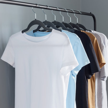 T-shirts of neutral colors on black hanger against gray wallの写真素材