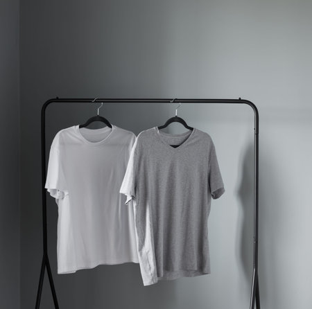 two t-shirts of neutral colors on black hanger against gray wallの写真素材