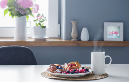 cup of tea and danish with berries on white table