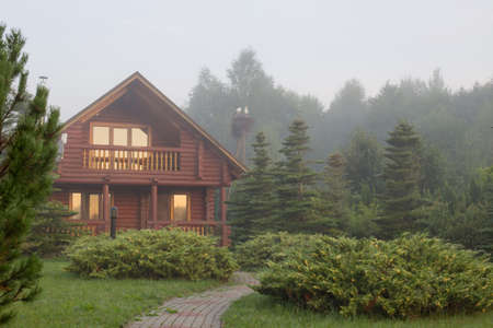 wooden house among the trees at sunrise in summerの写真素材