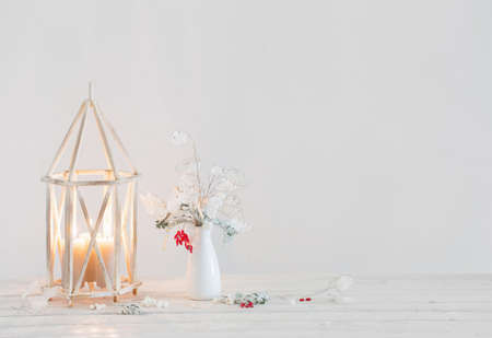Christmas decorations on background white wallの写真素材