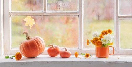 autumn flowers and pumpkins on old white windowsill