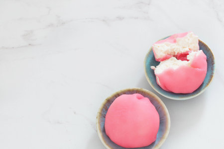 japanese dessert mochi on white marble tableの写真素材