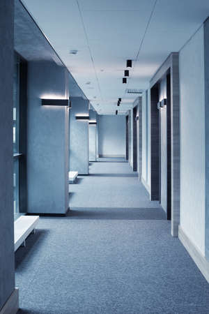 blue modern corridor with lightingの写真素材