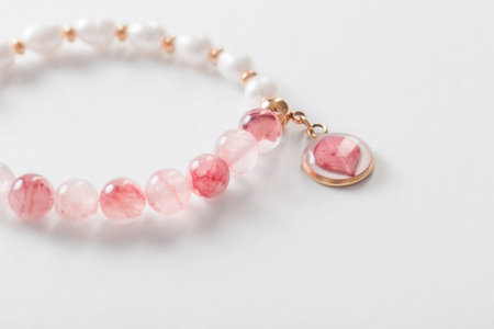 pink and white bracelet made of natural stones on white backgroundの写真素材
