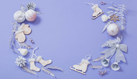 natural wooden decor on violet paper background