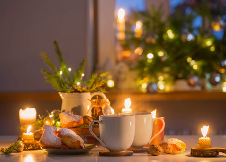 two cups of tea with homemade christmas baked goods on kitchen with christmas decorationの写真素材