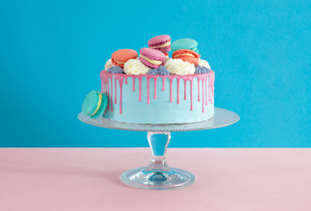 cake on plate on pink and blue background