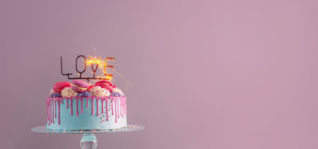 cake with pink and blue decor and burning sparkler with text loveの写真素材