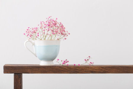 pink gypsophila in blue cup on wooden shelf on white backgroundの写真素材