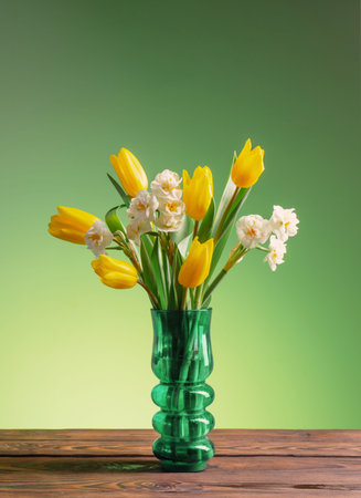spring flowers in green glass vase on wooden table