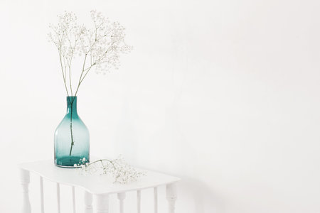 gypsophila in glass vase on old wooden shelf on white background