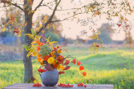 bouquet autumn flowers in rustic jug on wooden table outdoor at sunsetの写真素材