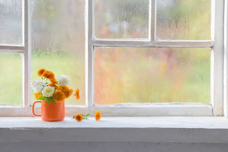 autumn flowers in orange cup on old white windowsillの写真素材