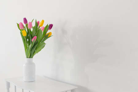tulips in white vase on wooden shelf on white backgroundの写真素材