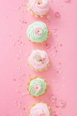 pink and green cupcakes with spring flowers on pink background