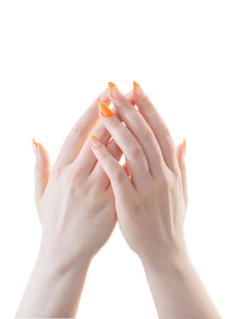 female hand with manicure isolated on white backgroundの写真素材