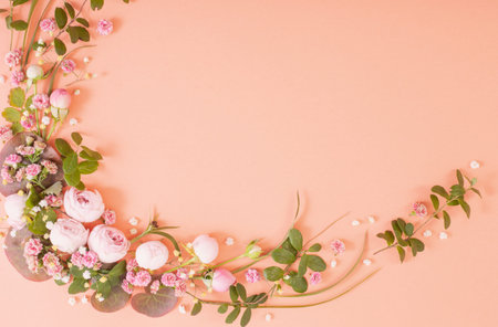 pink roses with leaves on paper background
