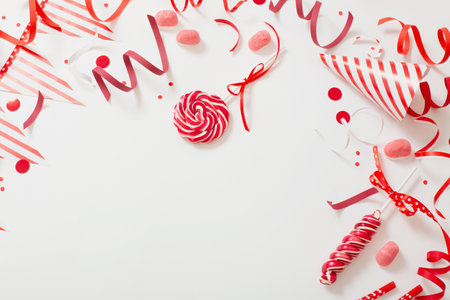 birthday background with red and white paper birthday decotationsの写真素材