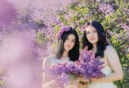 two young girls with blooming lilac in sunlightの写真素材