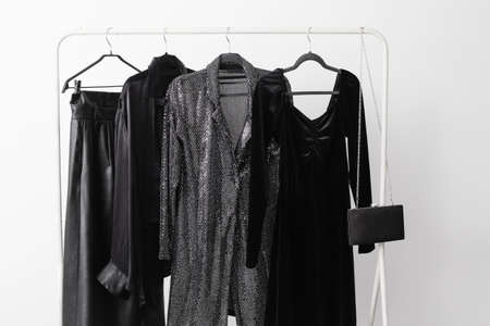 elegant black evening wear on a hangerの写真素材