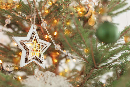 christmas tree with decor close upの写真素材
