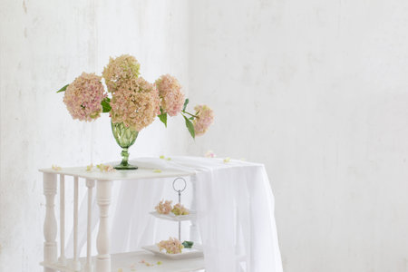 hydrangea in green glass on white background