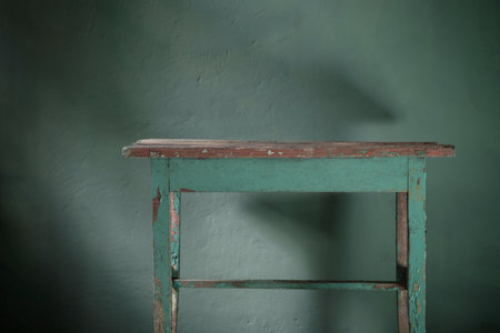 old wooden table on background green old wallの写真素材