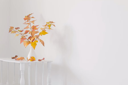 autumn bouquet in white vase on wooden shelf in white interiorの写真素材