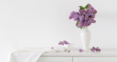 lilac flowers in white vase on background white wallの写真素材