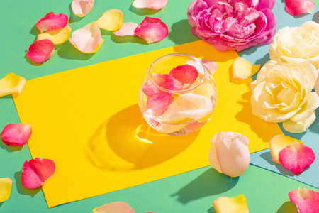 modern background with roses flowers on colorful paper backgroundの写真素材