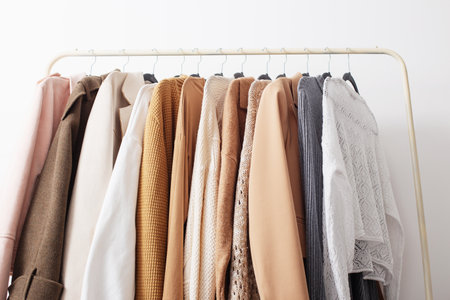 female autumn clothes on hangers in white roomの写真素材