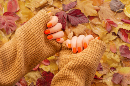 female hands with orange manicure on background of autumn leavesの写真素材