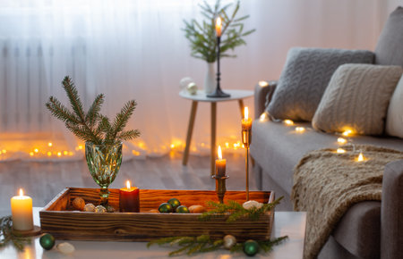 cozy home with christmas decor on wooden trayの写真素材