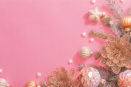 golden christmas decorations on pink backgroundの写真素材