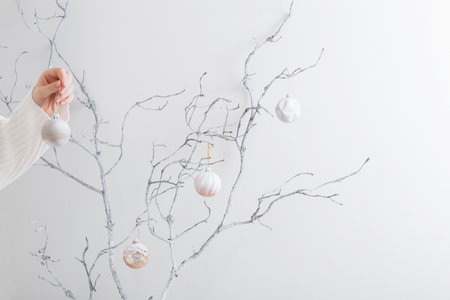 hand with christmas ball and white branch indoor
