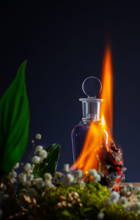 magic potion in glass bottle with fire, plants and flowers on blue background