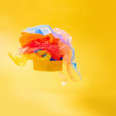 plastic trash on bright yellow background