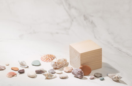 wooden podium with sea stones on marble backgroundの写真素材