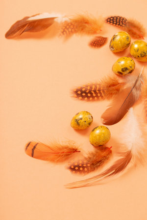 easter golden quail eggs on pastel backgroundの写真素材