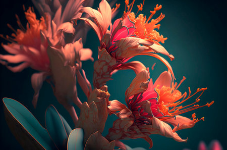 exotic tropical leaves and flowers on dark backgroundの素材