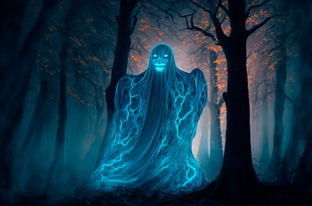 blue glowing scary ghost in the night forestの写真素材